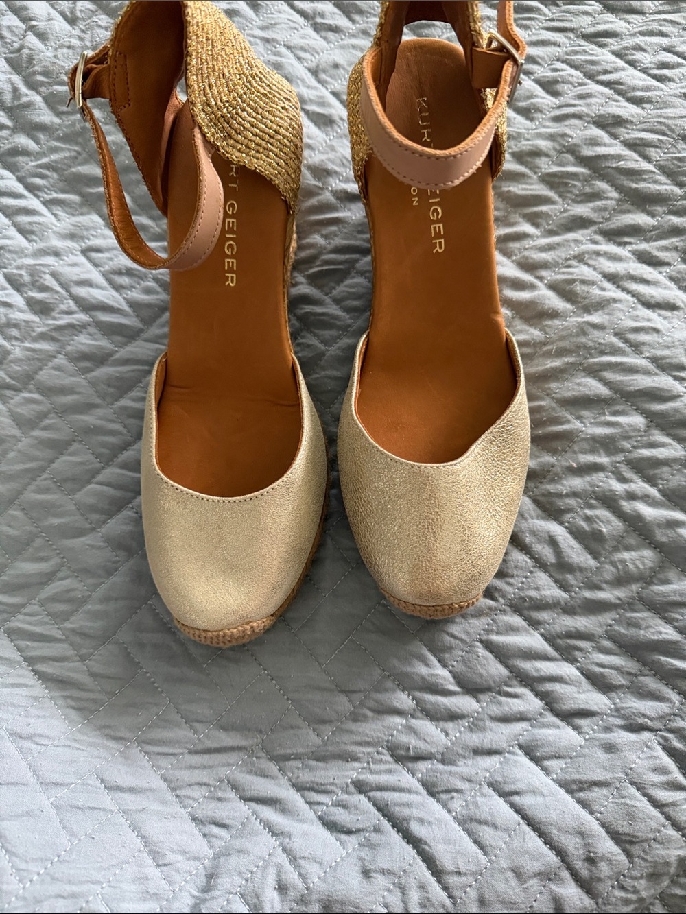Kurt Geiger Gold and Tan Wedge Espadrille Sandals